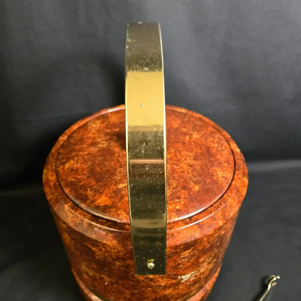 Vintage MCM Faux Burl Wood Ice Bucket w Brass Handle Lid & Tongs Retro Barware